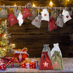 Close-up of handcrafted linen fabric texture on Christmas gift bags