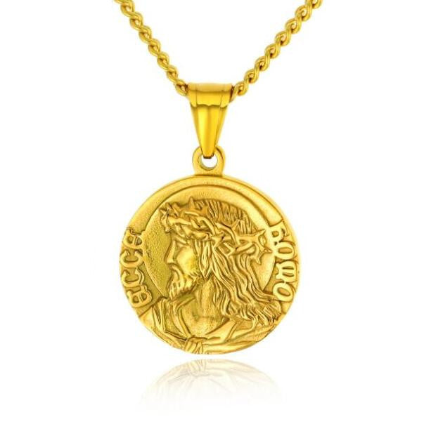 Jesus pendant necklace with titanium steel chain and gold-tone finish on dark background Main image