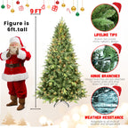 Green Christmas tree with tree topper in traditional holiday display