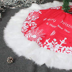 Festive Christmas tree skirt draped at base of decorated holiday tree