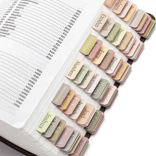 Bible index tabs packaging showing 15 tabs per sheet