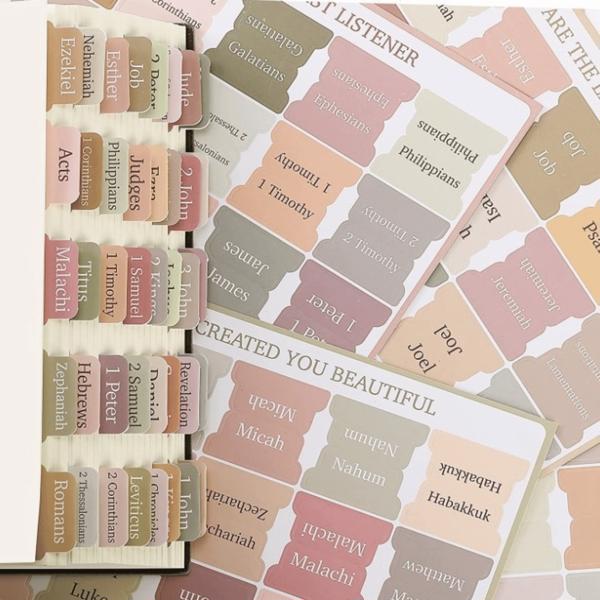 Set of laminated Bible index tabs laid out showing variety of colors