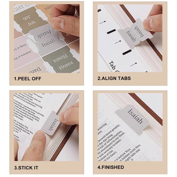 Close-up of large print Bible tabs showing clear lettering and alignment guide
