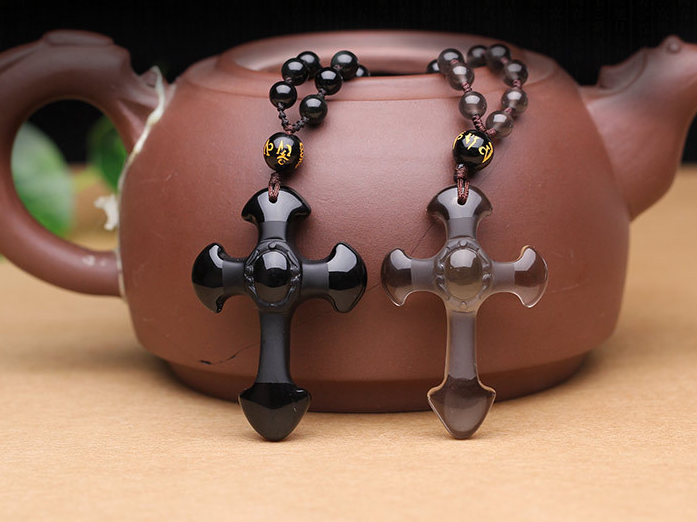 Pair of obsidian cross necklaces - couples faith jewelry