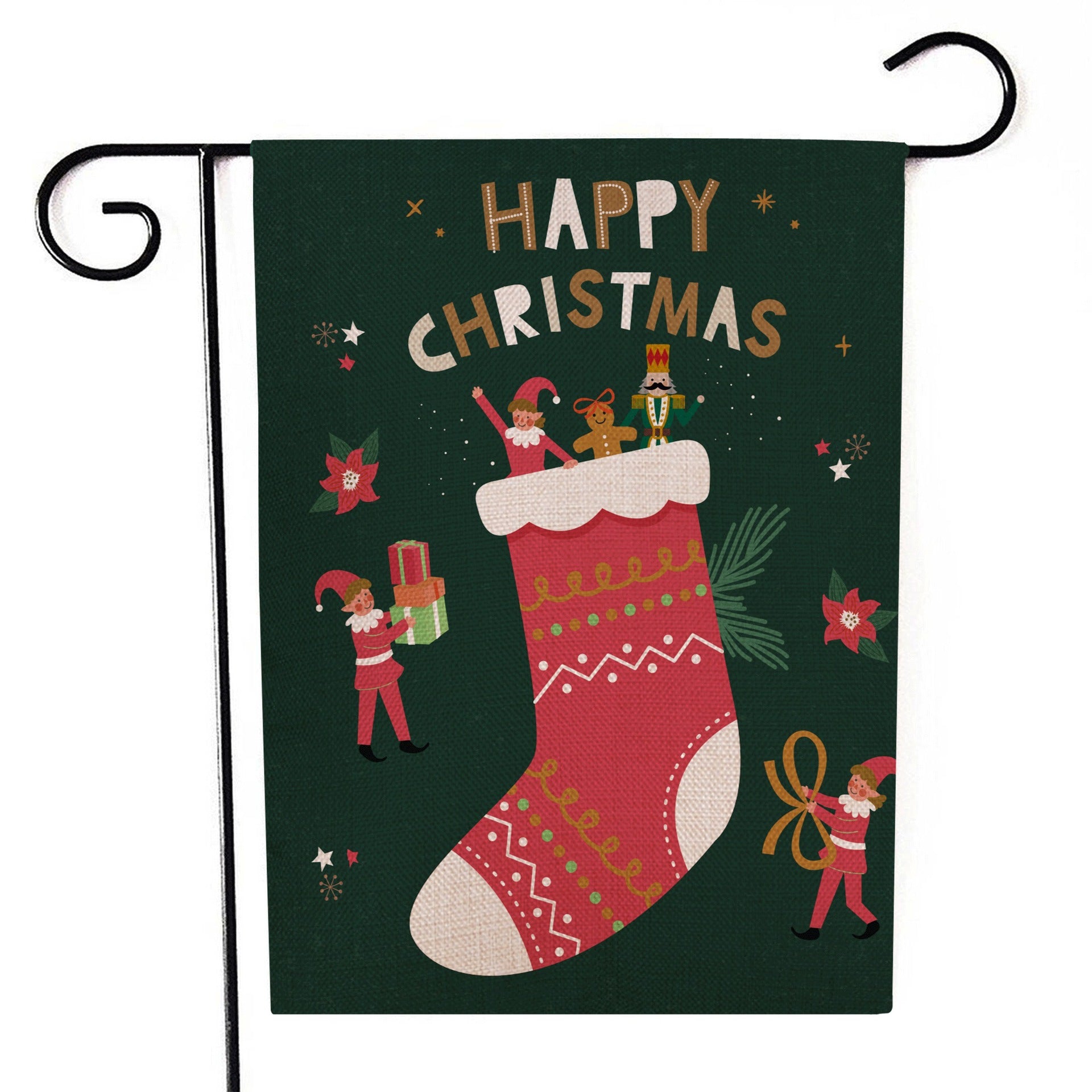 Santa Claus garden flag 30x45cm displayed in winter garden setting