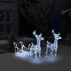 Illuminated reindeer and sleigh with warm white LEDs glowing against night sky