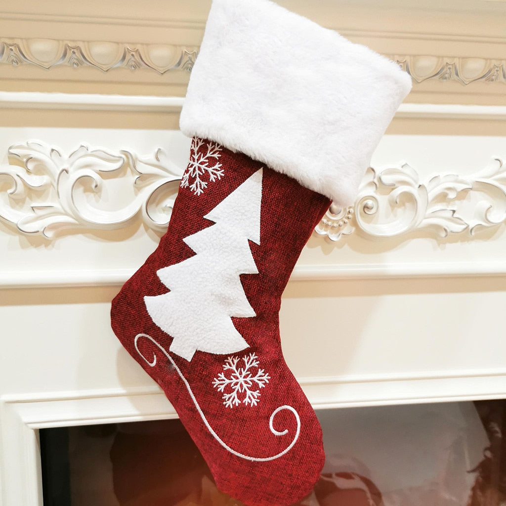 Cozy Christmas sock gift bag featuring Christmas tree decorations