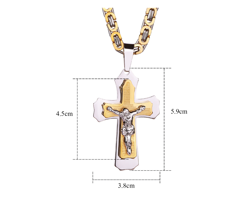 Golden cross pendant necklace on chain close-up showing intricate cross design and warm gold-tone finish