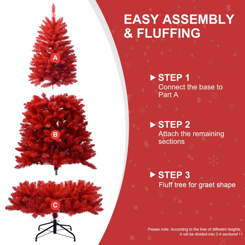 Multiple red Christmas trees in different heights displayed together for a dramatic effect