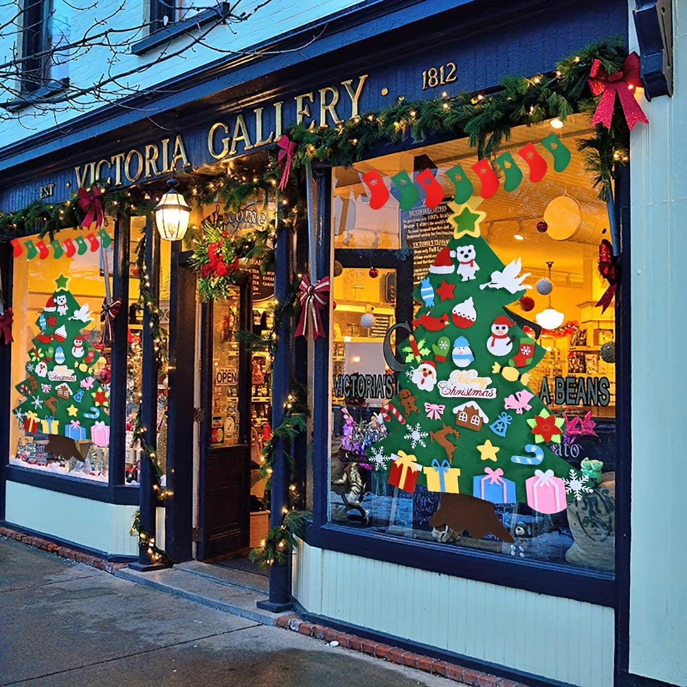 Colorful felt holiday decorations arranged in festive display