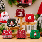 Six tinplate handbag candy box designs arranged for Christmas decor