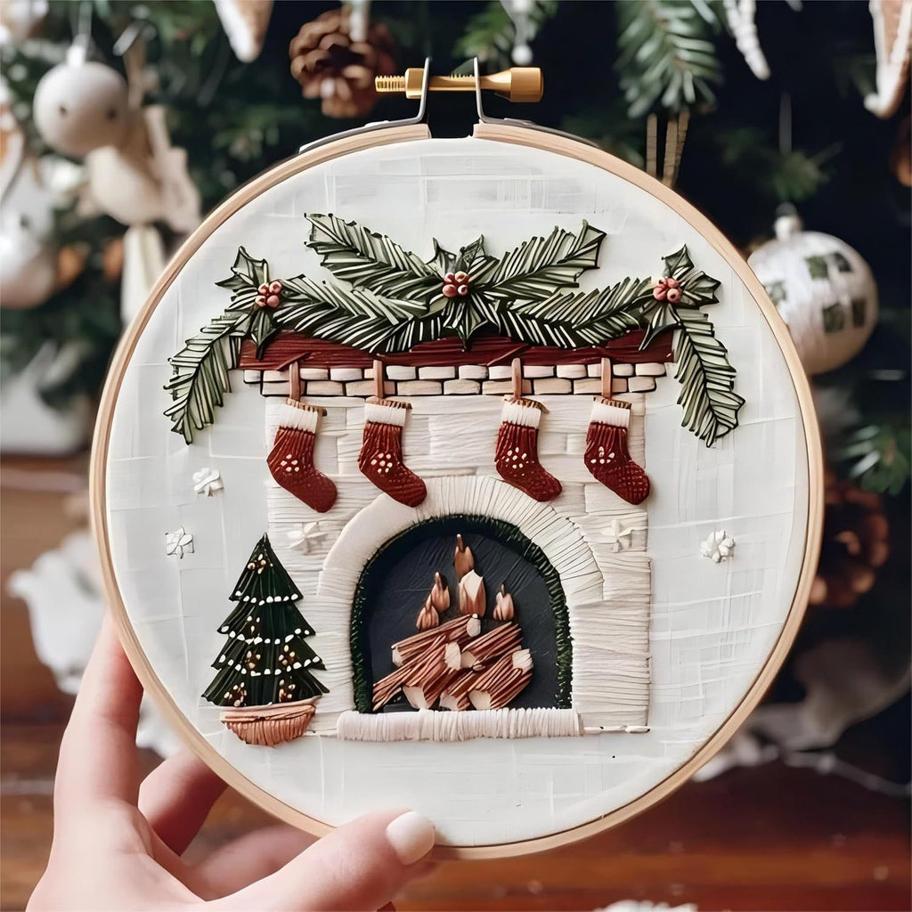 Embroidered holiday decorations showing various Christmas motifs