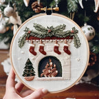 Embroidered holiday decorations showing various Christmas motifs