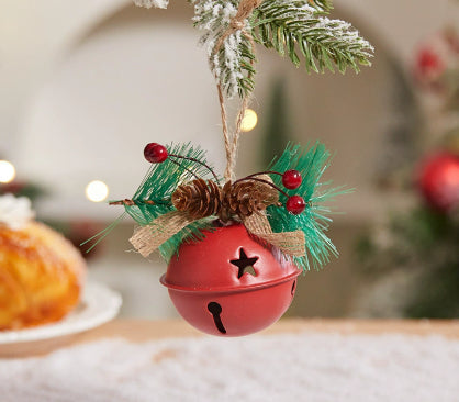 Rustic Mori style Christmas pendant with pine cone and twin bells in red
