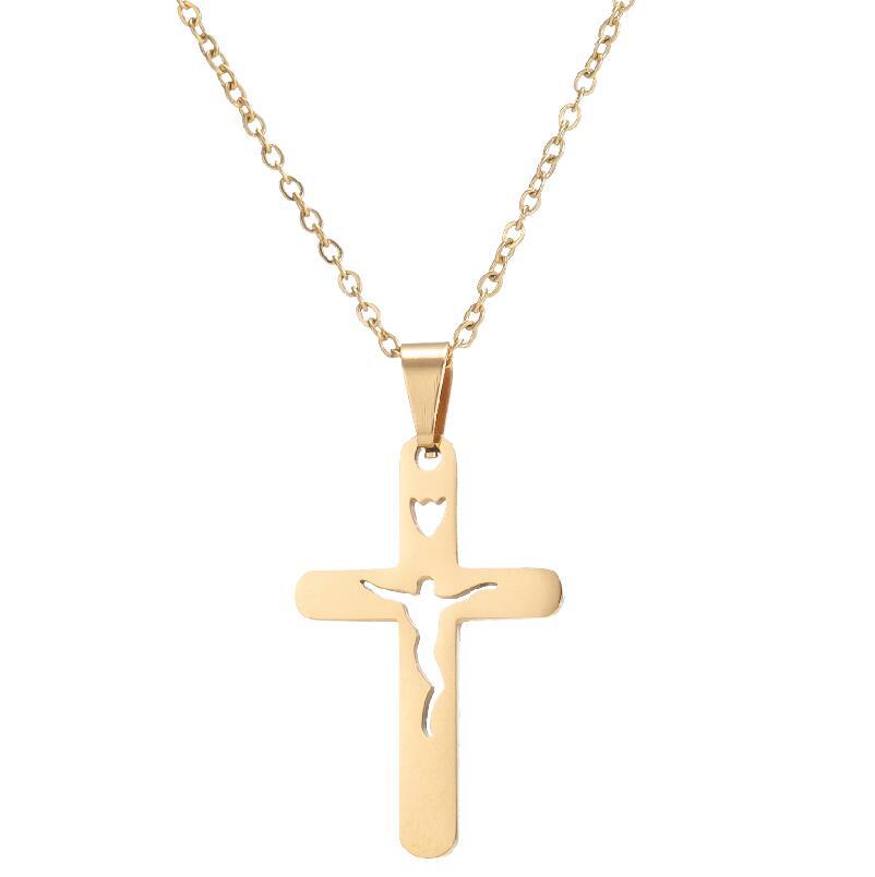Close-up of stainless steel cross pendant detail showing vintage design