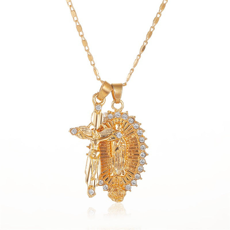 Catholic crucifix necklace with crystal Virgin Mary pendant detail