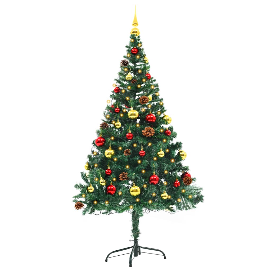 Close-up of glowing LED Christmas tree branches with gold and red baubles