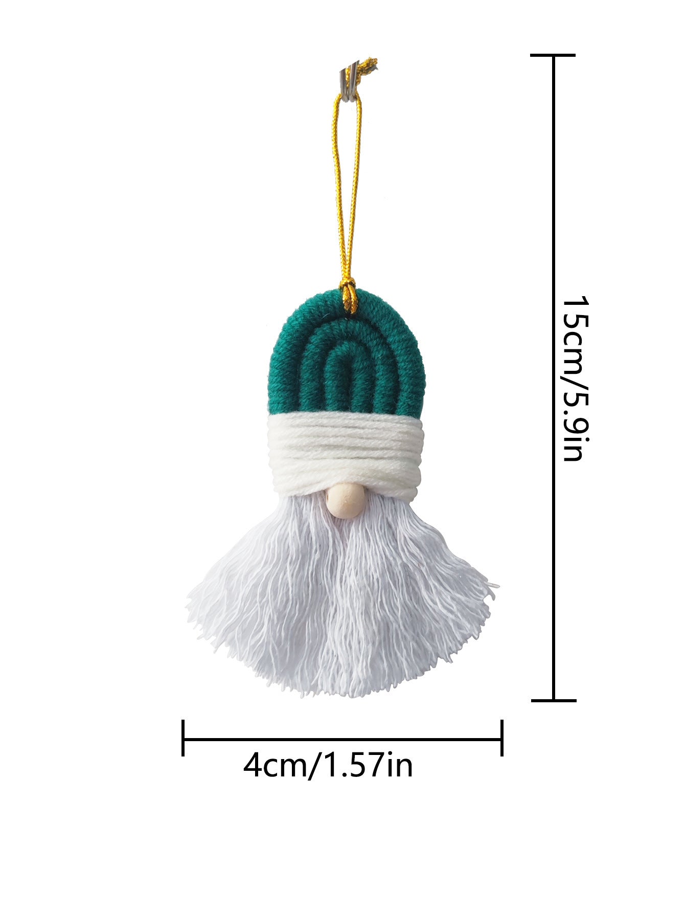 Hand-woven cotton thread Christmas ornament in white on green backdrop