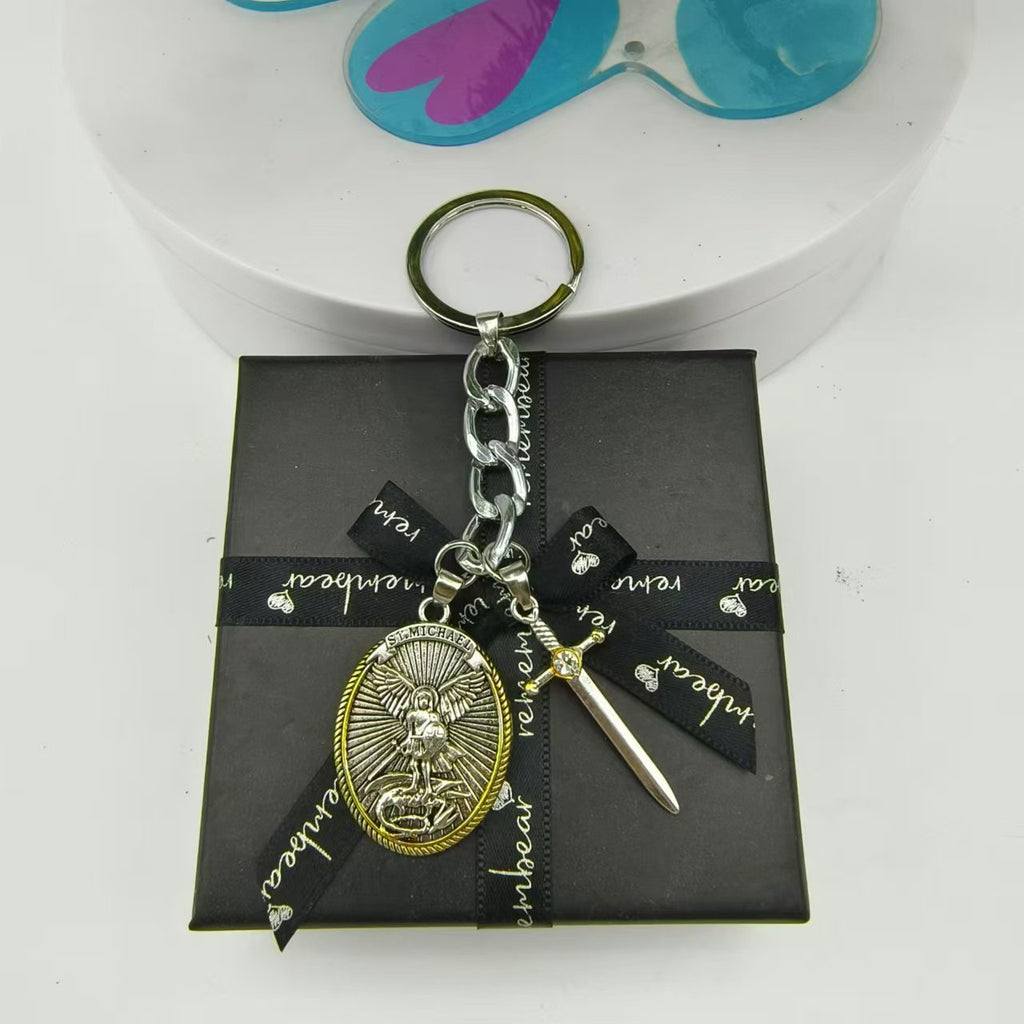 Electroplated alloy shield pendant keychain in vintage style with protective knight imagery