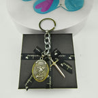 Electroplated alloy shield pendant keychain in vintage style with protective knight imagery