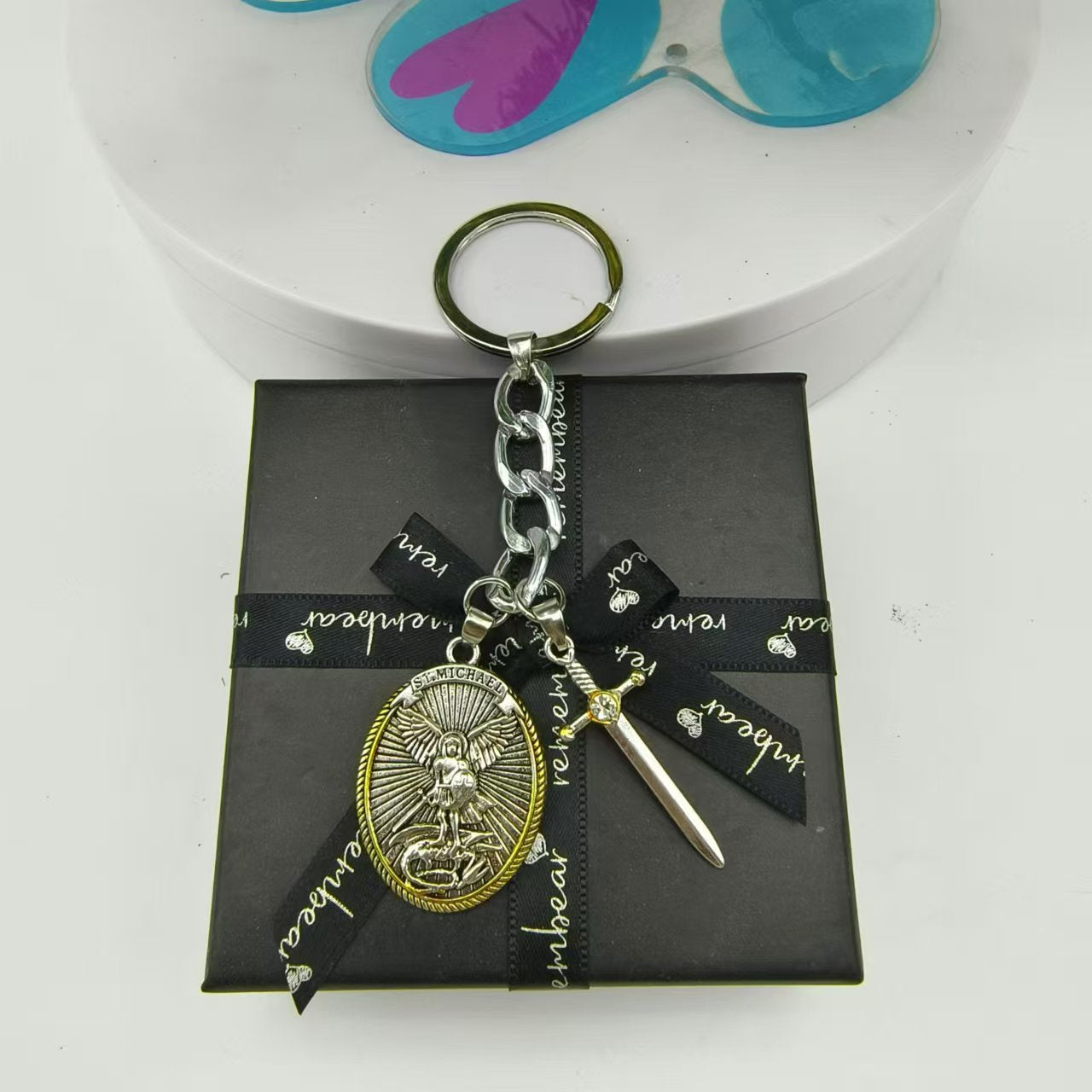 Electroplated alloy shield pendant keychain in vintage style with protective knight imagery