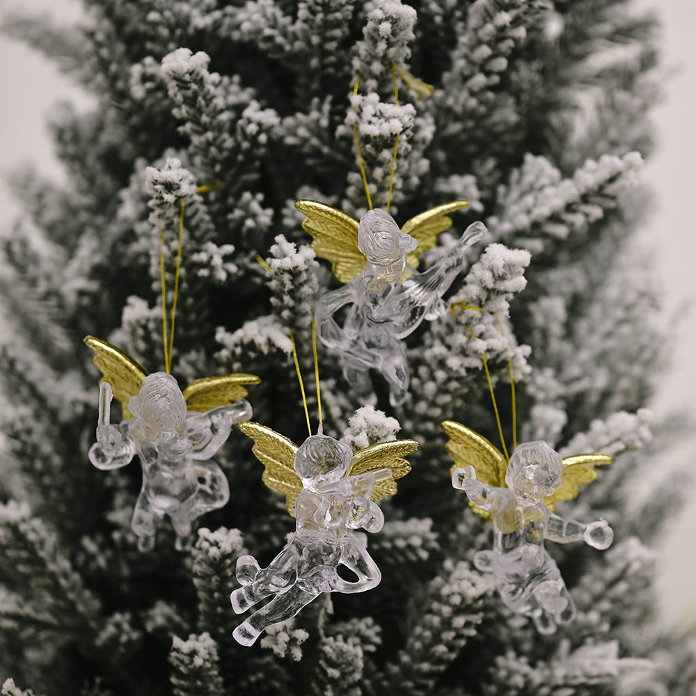 Set of four clear angel ornaments arranged in festive gift box styling