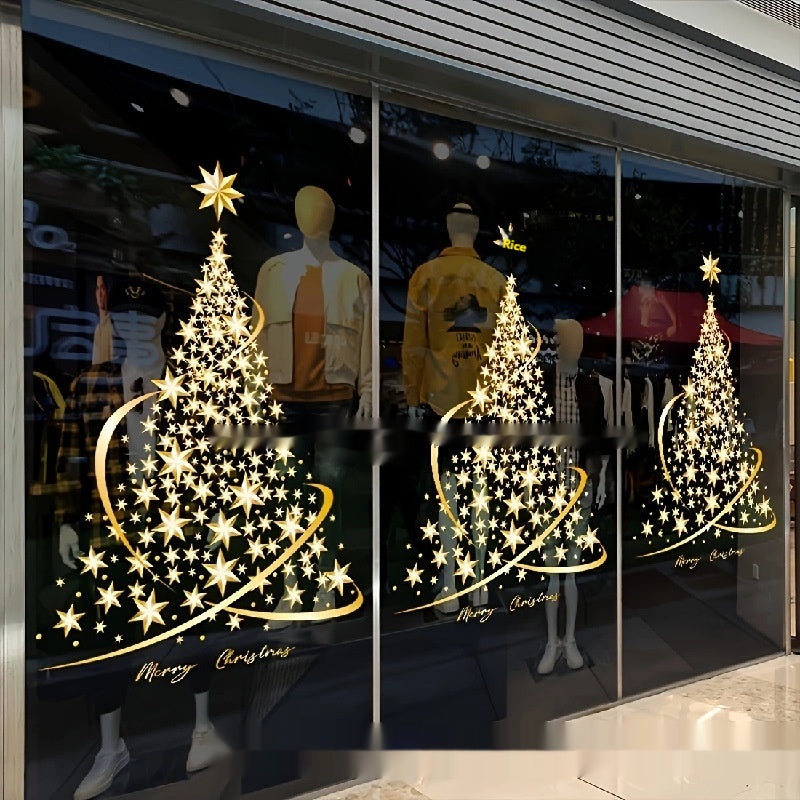Festive golden PVC Christmas tree sticker close-up detail