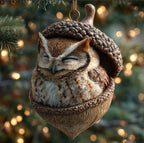 Colorful woodland squirrel pendant hanging from a Christmas tree branch