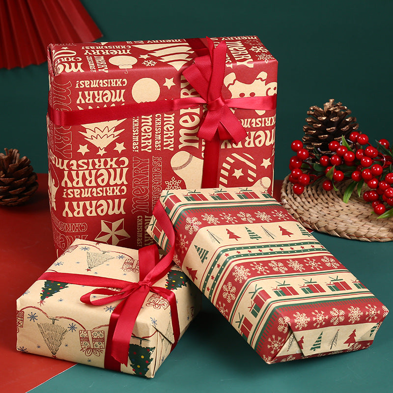 Holiday gift wrapping with Kraft paper and ribbon