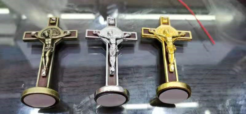 Wood inlay St Benedict cross car accessory with protection symbolism