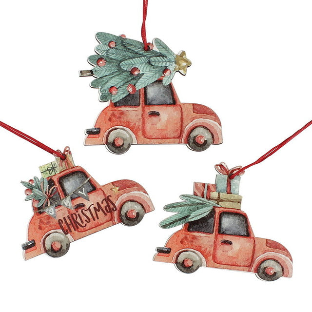 Vintage Christmas truck carrying tree wooden ornament for holiday tree decorating