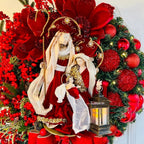 Close-up of illuminated Christmas wreath garland with religious sacred motif and gentle glow