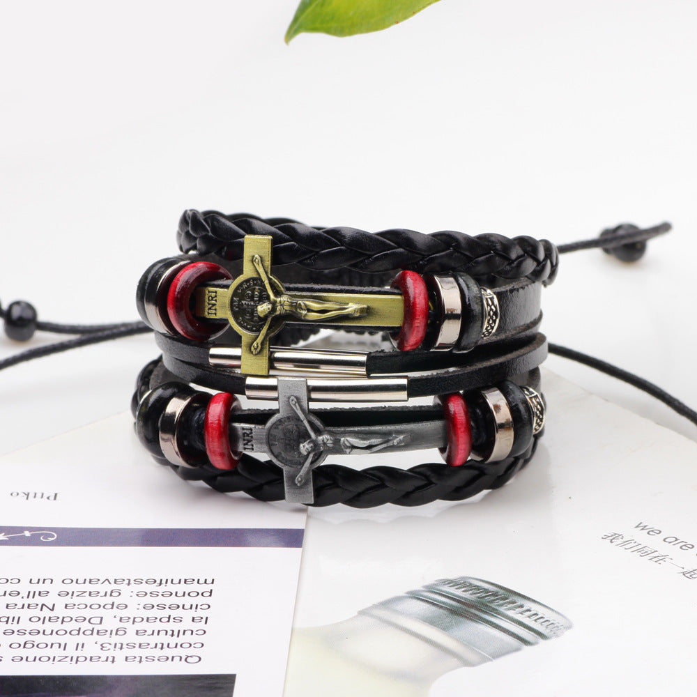 Vintage leather bracelet with gold cross pendant for Christian faith