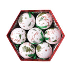 Holiday ornament set displaying various Christmas motifs and warm color scheme
