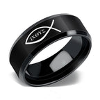 Close-up view of stainless steel Christian ring with IXOYE engraving detail