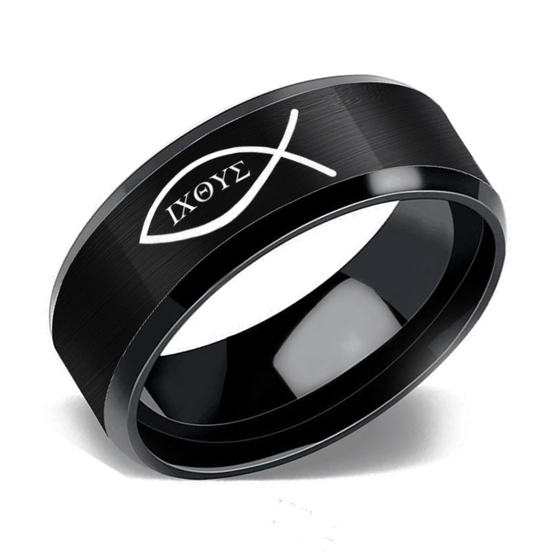 Close-up view of stainless steel Christian ring with IXOYE engraving detail