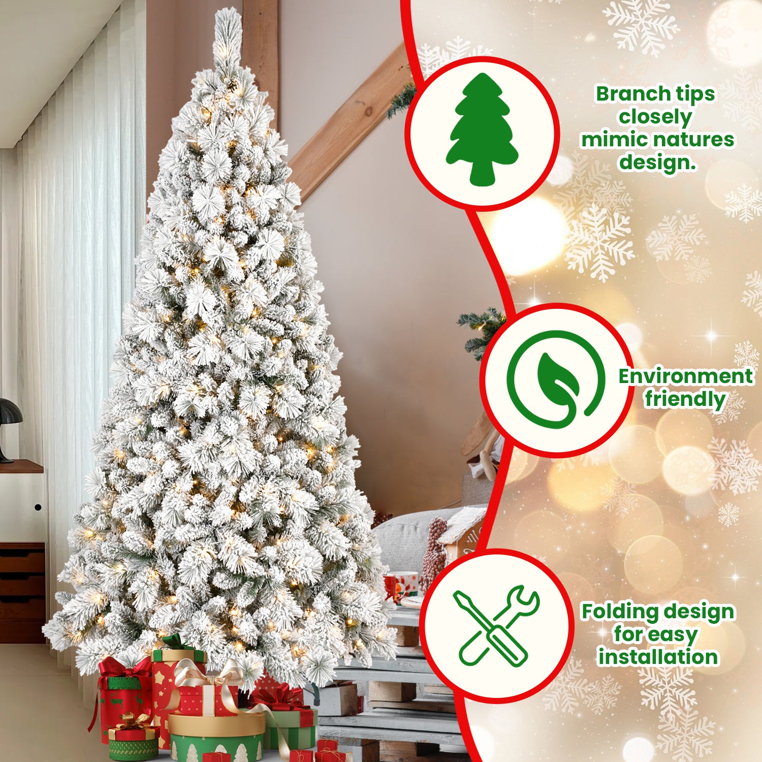 Pre-lit Christmas tree with warm white LED glow in evening setting