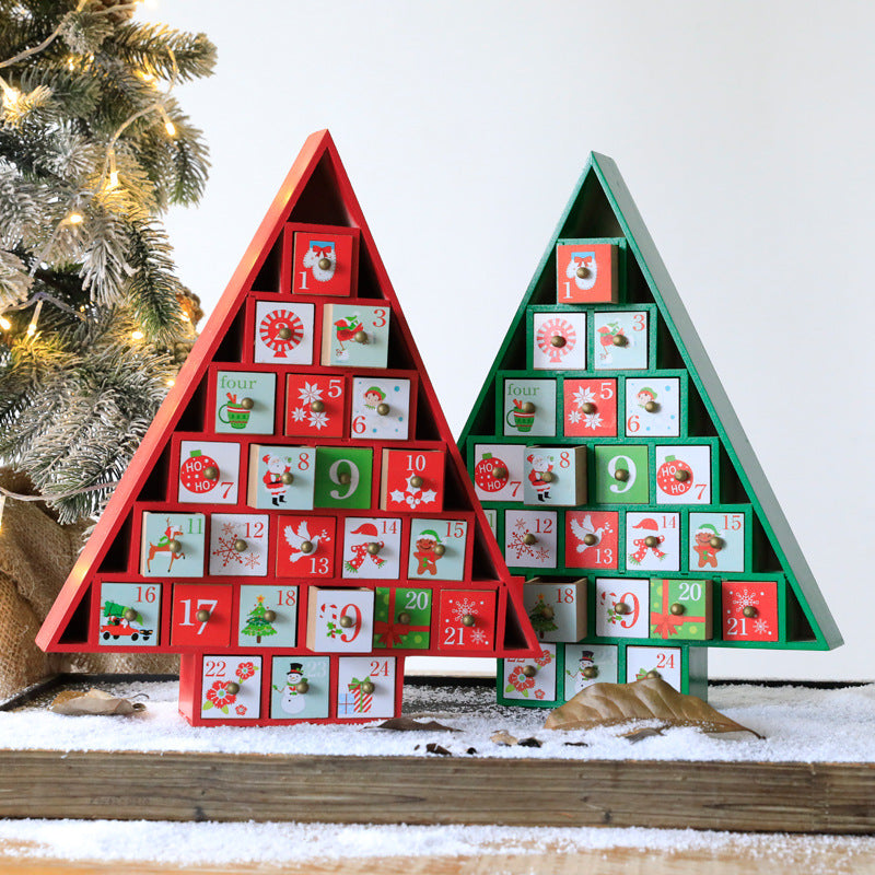 Traditional wooden Christmas calendar with red and green palette counting down to the holiday