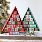 Traditional wooden Christmas calendar with red and green palette counting down to the holiday