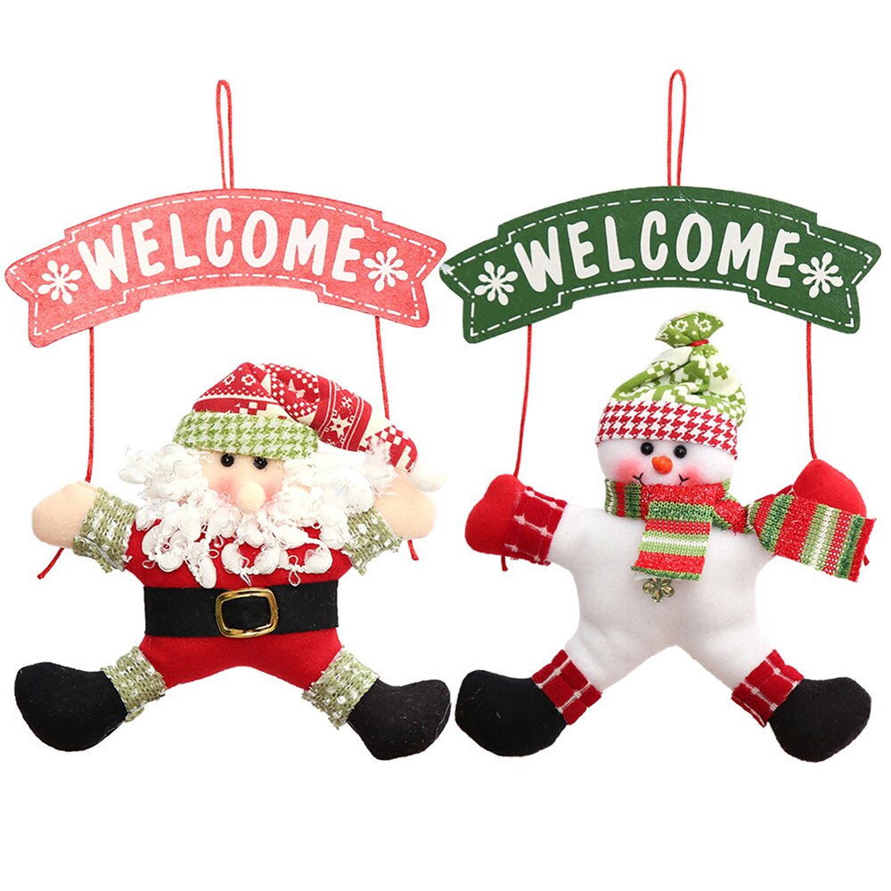 Red and white Christmas cloth garland door hanger hanging on a front door with festive decorations