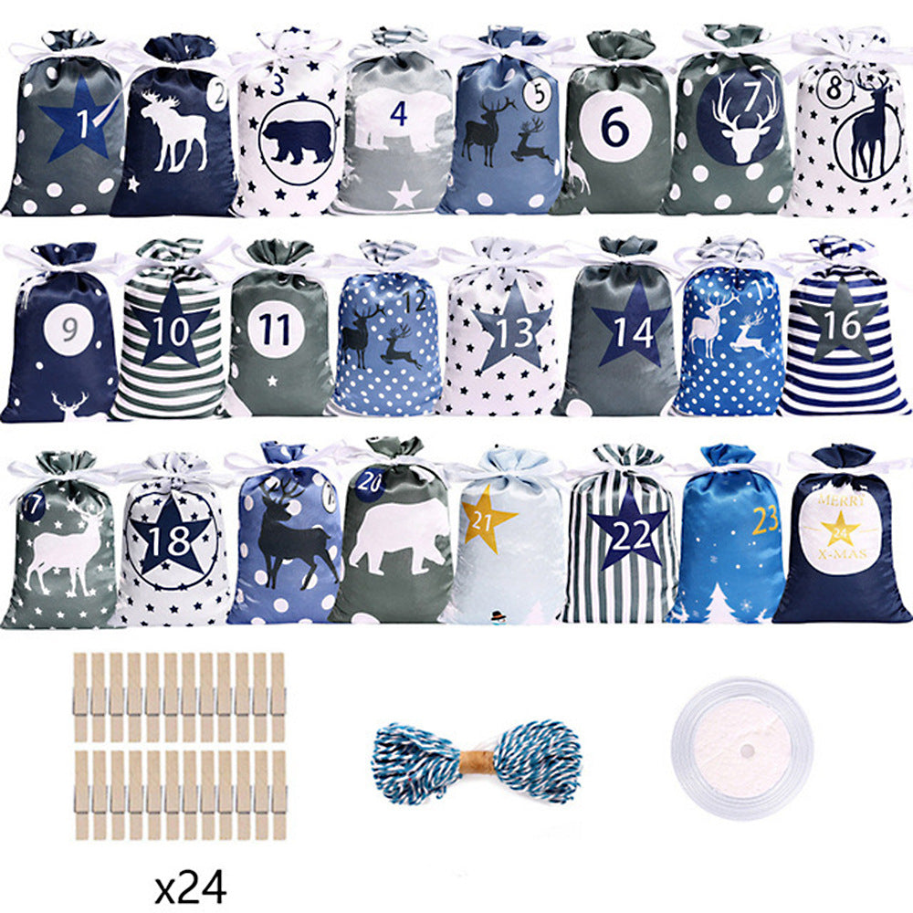Christmas Advent satin gift bag set displayed for holiday
