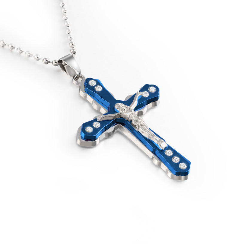 Close-up of the cross pendant detail and electroplated finish
