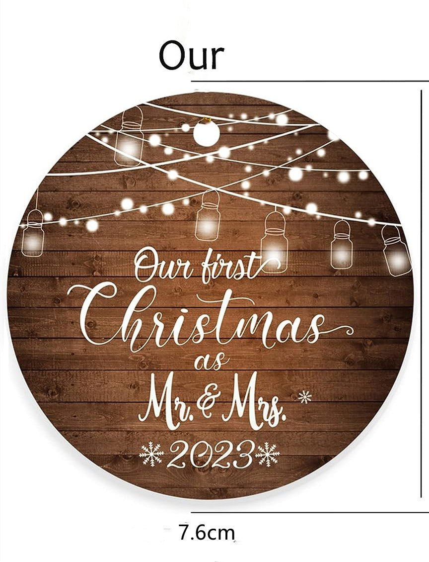 Set of Christmas wooden hanging decorations in festive arrangement