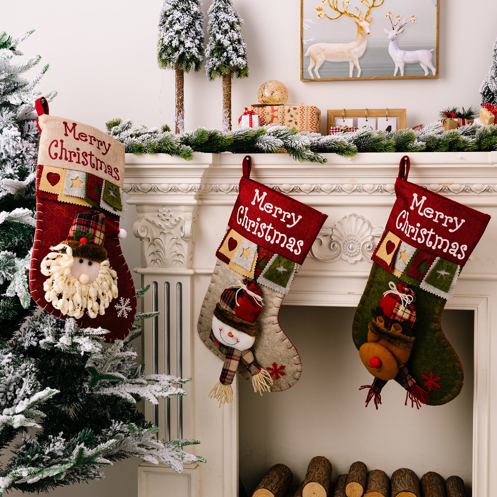Christmas Santa stocking pendant hanging against festive backdrop Main image