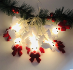Plush snowman string lights draped on a Christmas tree with warm glow