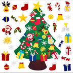 Multiple felt Christmas tree ornaments arranged as festive holiday display