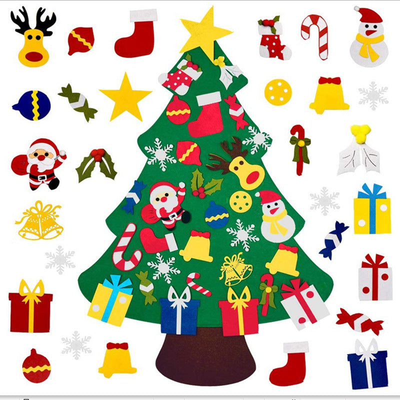 Multiple felt Christmas tree ornaments arranged as festive holiday display