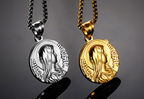 Close-up view of Jesus Christ pendant charm detail in silver tone