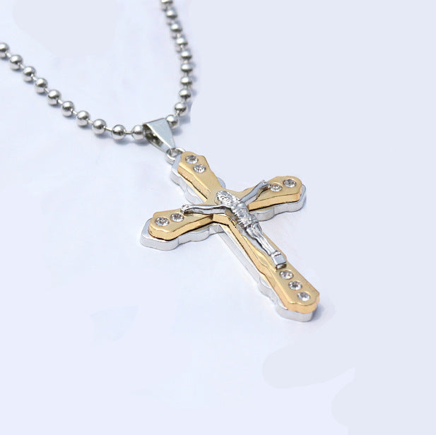 Gold-tone Jesus cross pendant on bead chain, front view