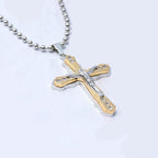 Gold-tone Jesus cross pendant on bead chain, front view